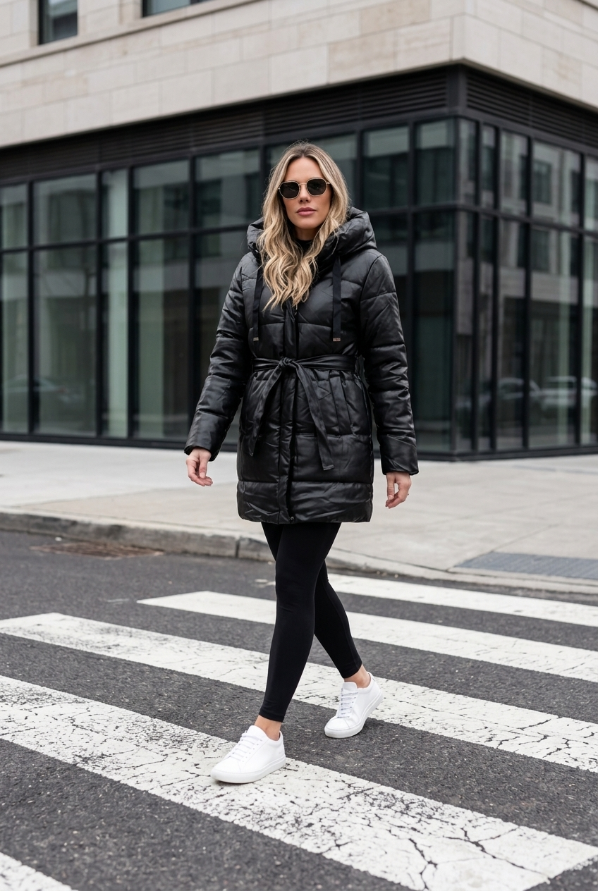 Puffa tipo trench con gorro y cinturón