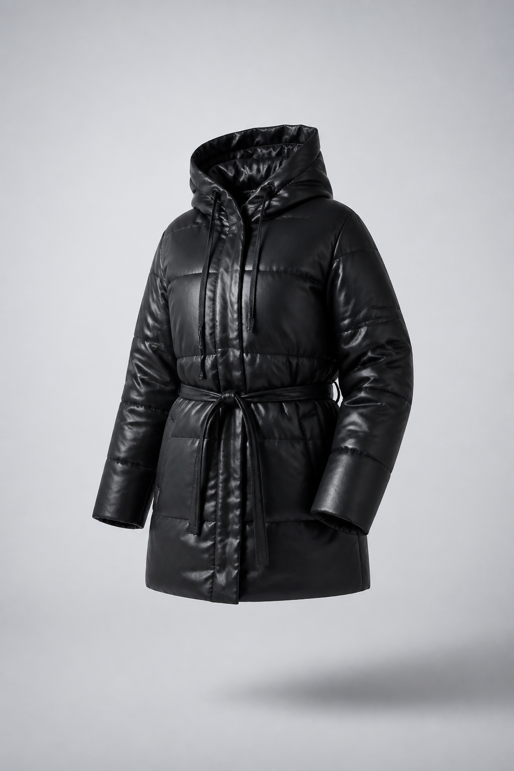 Puffa tipo trench con gorro y cinturón
