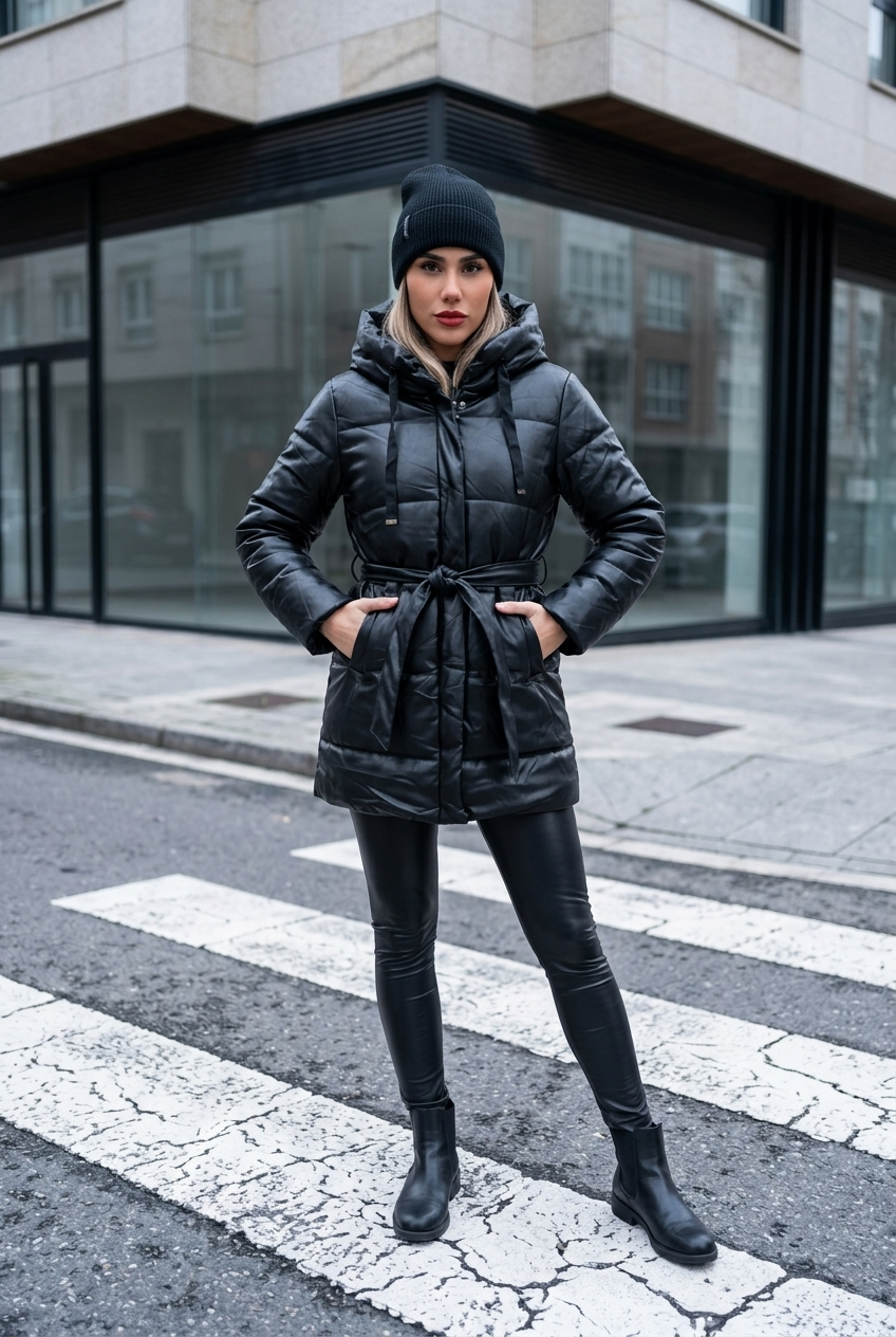 Puffa tipo trench con gorro y cinturón